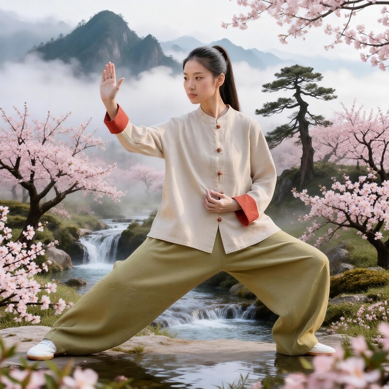 新款武术表演服太极拳太极服女款新中式盘扣棉麻上衣八段锦练功服