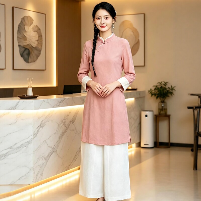 2026新款高端棉麻新中式国风茶服套装唐装女上衣美容养生馆工作服