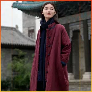 禅意佛系居士禅修服女装新中式棉衣棉麻夹棉外套复古中长款棉袄