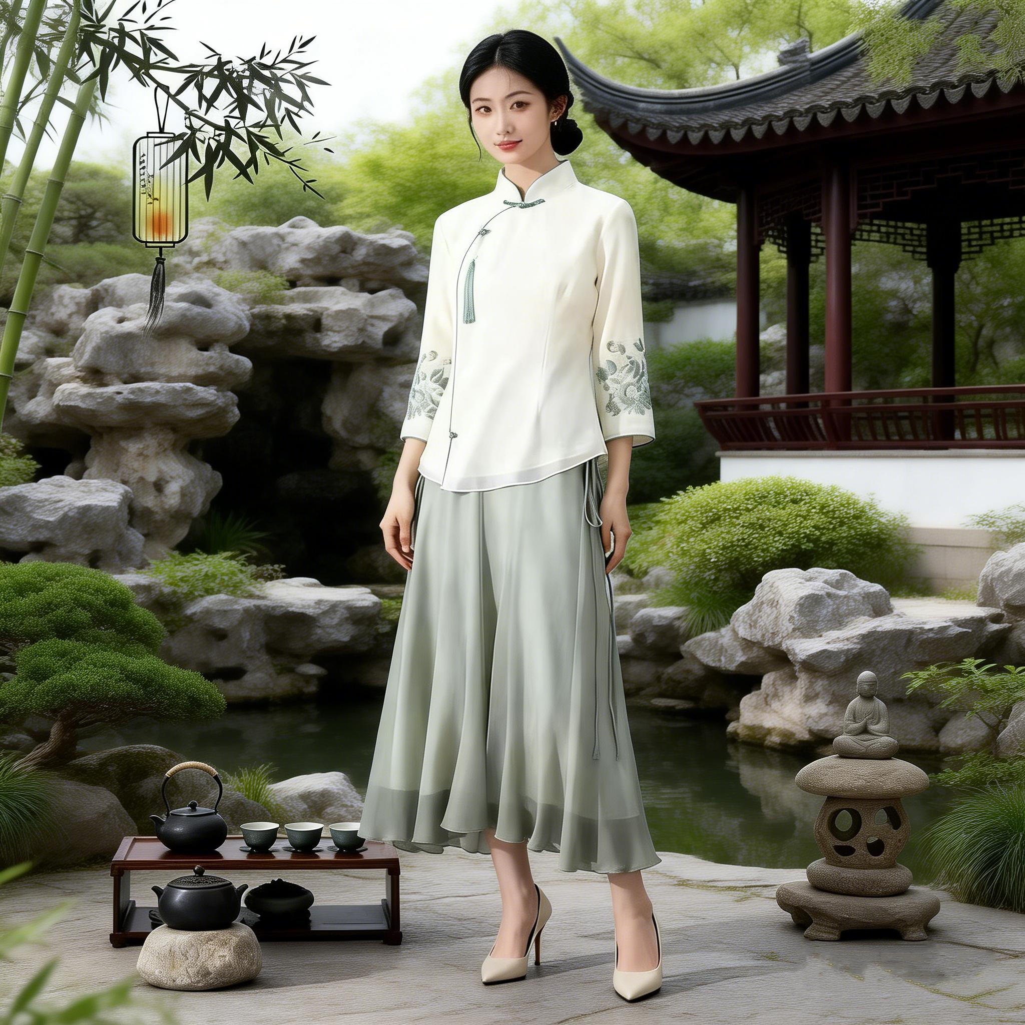 中国风高端改良旗袍茶服女春夏仙气汉服女套装中式采耳茶馆茶艺服