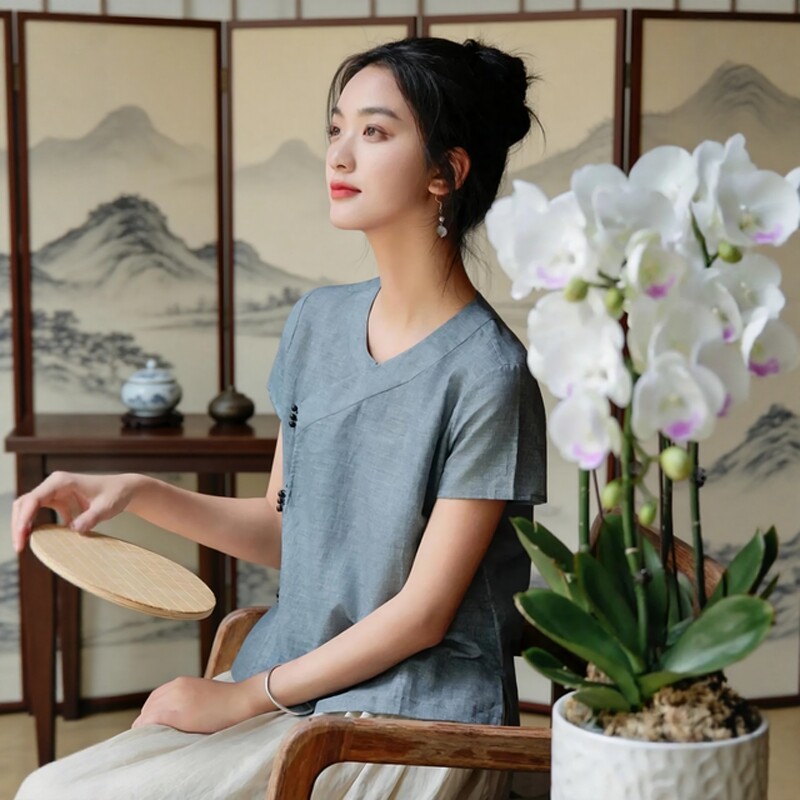 中国风棉麻茶服女夏装中式女装茶艺师工作服民国风佛系上衣禅修服
