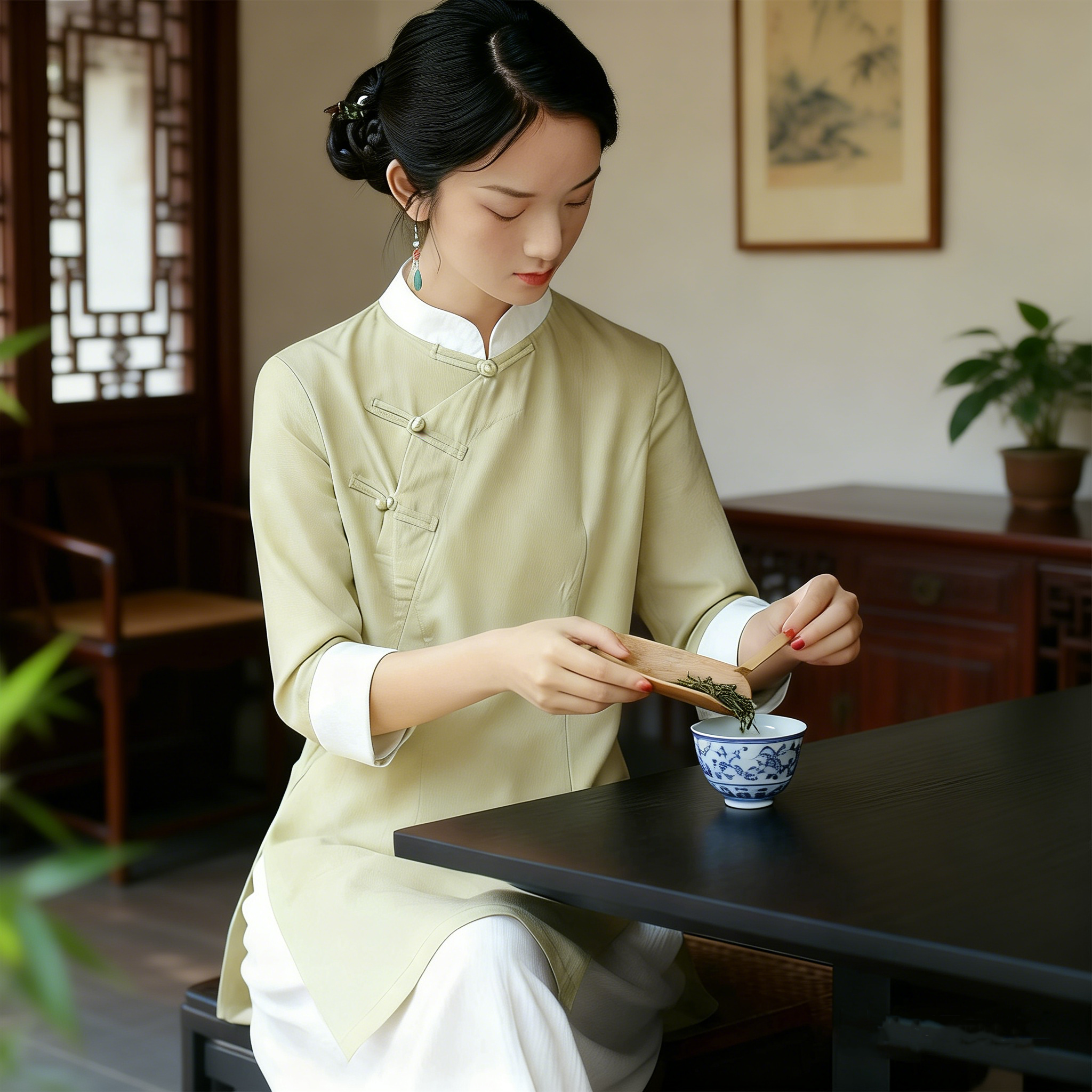 新中式国风配茶师工作服旗袍年轻款养生馆盘扣上衣茶服女禅意文艺