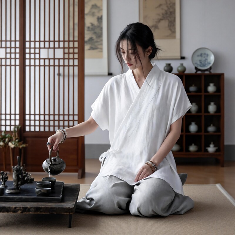 2026新款夏季年轻人禅服女新中式汉麻衬衫系带上衣禅意茶服居士服