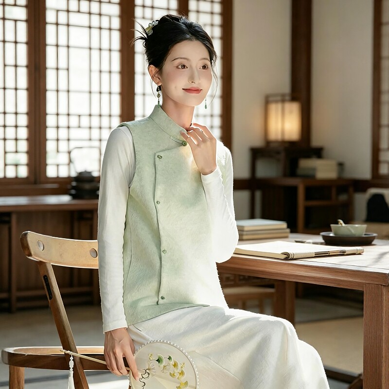 秋冬新中式旗袍式马甲国风文艺茶服女马夹上衣养生馆茶艺师工作服