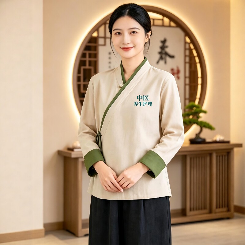 复古风中医师工作服女棉麻斜襟系带上衣养生馆理疗护理美容师服装