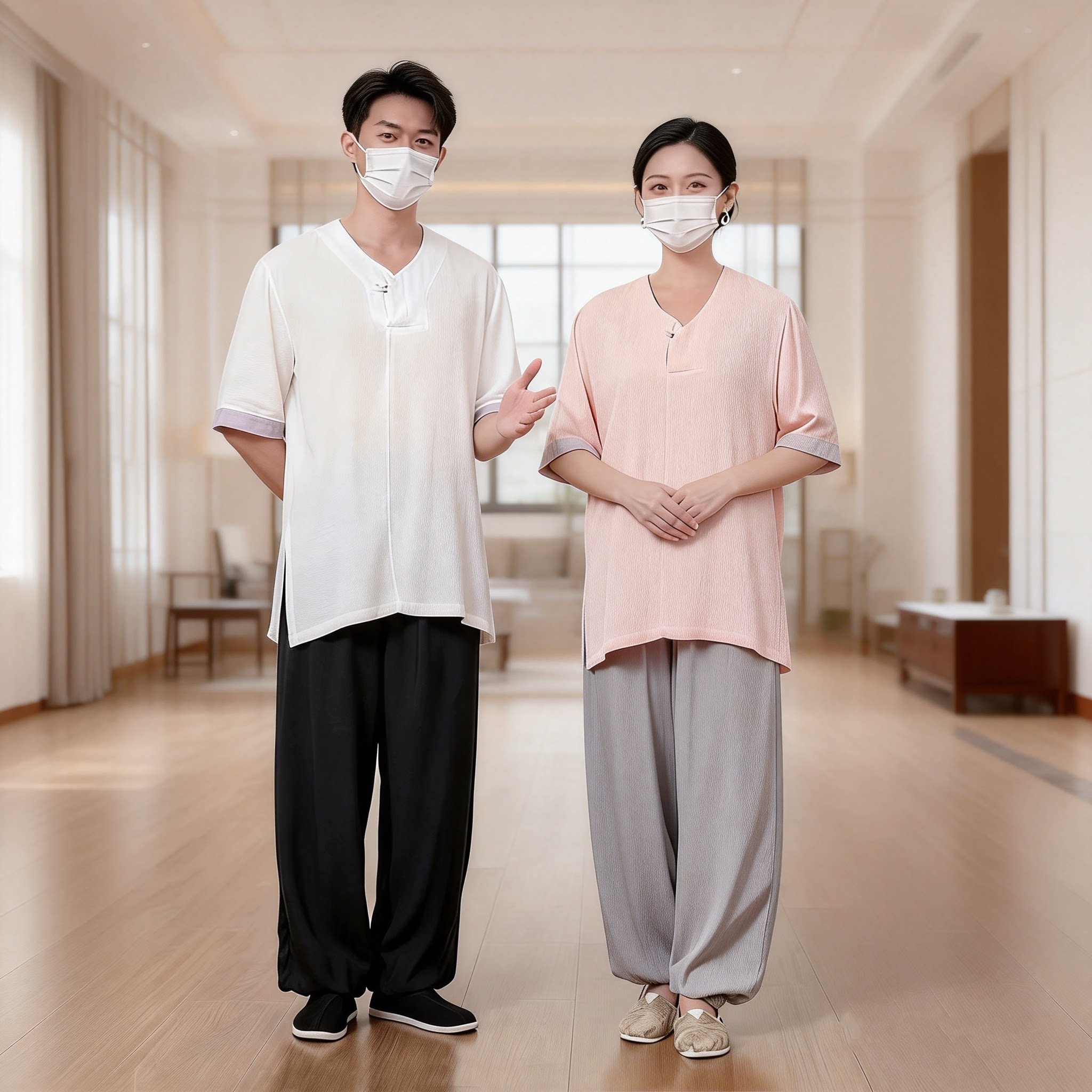 中国风夏季中医理疗师工作服中式肌理棉短袖套装美容养生调理师服