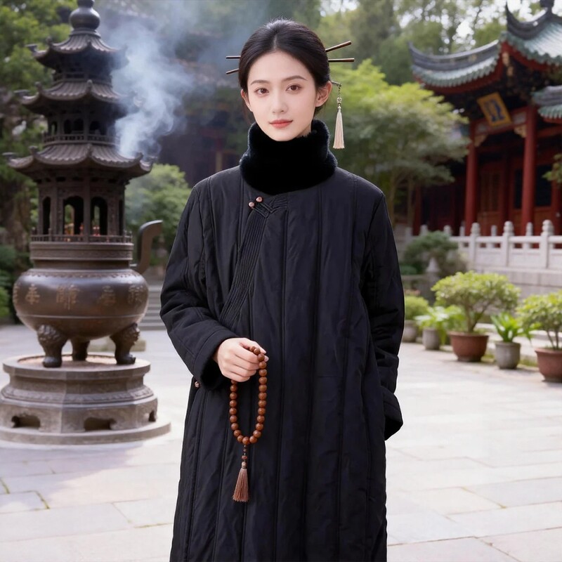 居士禅服棉袄女新疆棉花棉衣禅意佛系女装中长款旗袍式棉服外套冬