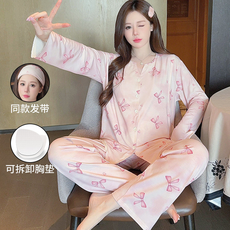 莫代尔带胸垫月子服春秋薄款5月份4可哺乳孕妇睡衣春季产妇家居服