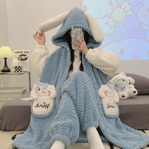 三件套珊瑚绒月子服秋冬季产后加厚产妇哺乳孕妇睡衣冬款睡袍长款