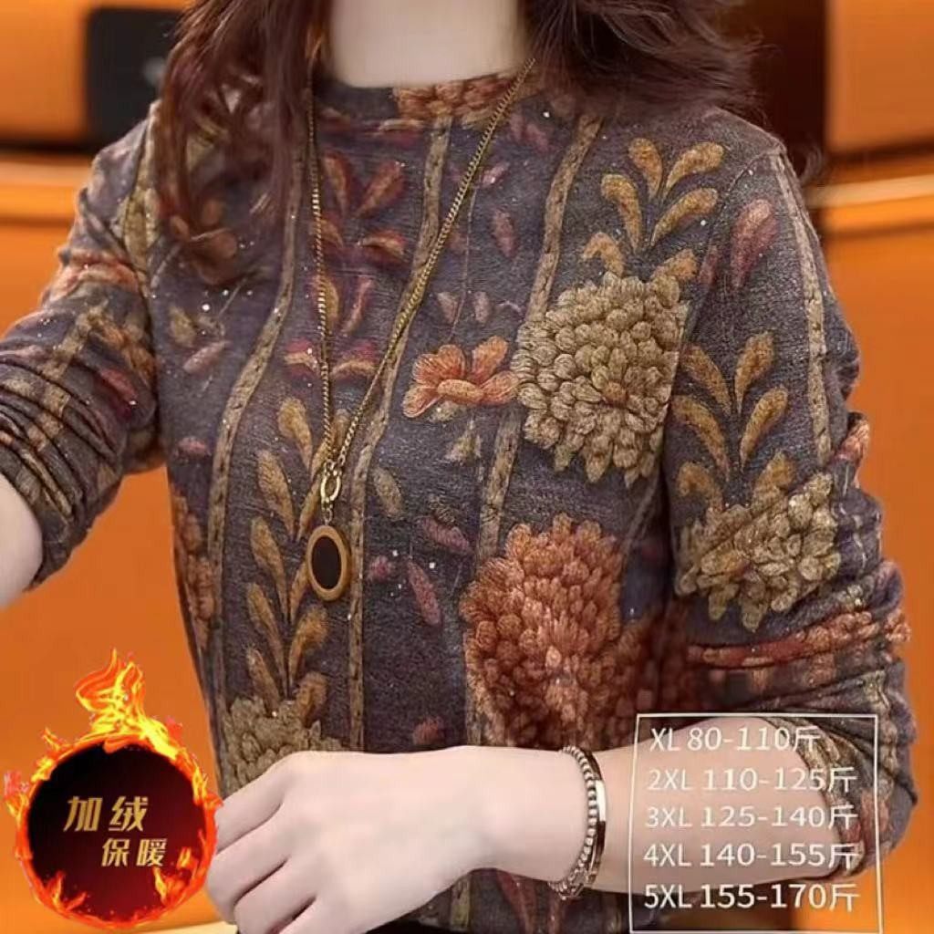 2025秋冬新款印花圆领中老年洋气打底衫气质阔太太内搭上衣女装潮,女装/女士精品,T恤,淘宝优惠券,粉丝福利购,淘宝优惠卷