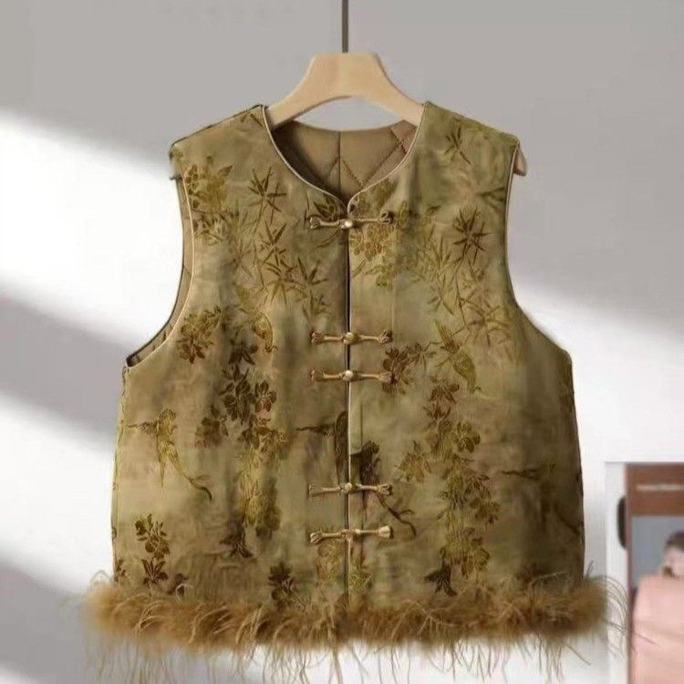 冬季新款新中式妈妈国风马甲女2025新款盘扣毛毛边高级感气质马夹,女装/女士精品,马夹,淘宝优惠券,粉丝福利购,淘宝优惠卷