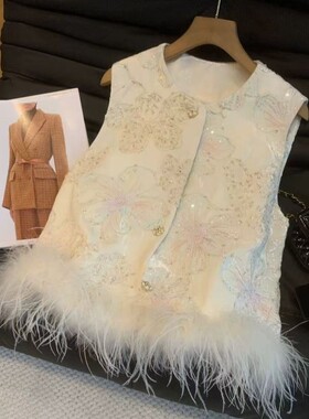 新中式重工刺绣羽毛马甲新款国风女圆领无袖外搭坎肩背心上衣