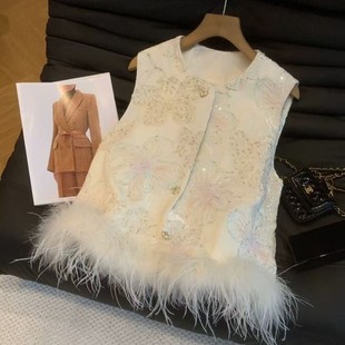 新中式重工刺绣羽毛马甲新款国风女圆领无袖外搭坎肩背心上衣