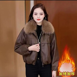 高级感加绒加厚时尚皮衣女士冬季新款带毛领短款皮夹克洋气皮外套