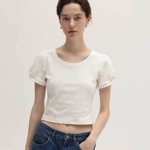 短款 修身 显瘦简约百搭T恤夏 PUT纯色U领泡泡袖 SIMPLY