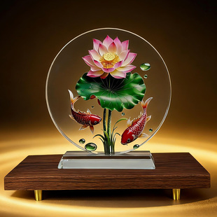 荷花锦鲤内雕水晶摆件招财好寓意家居客厅乔迁开业礼桌面摆台