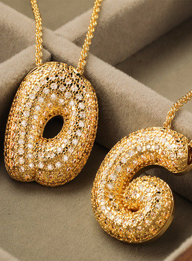 跨境铜镀锆石26英文字母吊坠项链泡泡感气球18K金锁骨链饰品