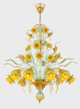 非标定制-梵高向日葵：威尼斯吹制玻璃的正宗花卉吊灯，水晶之梦