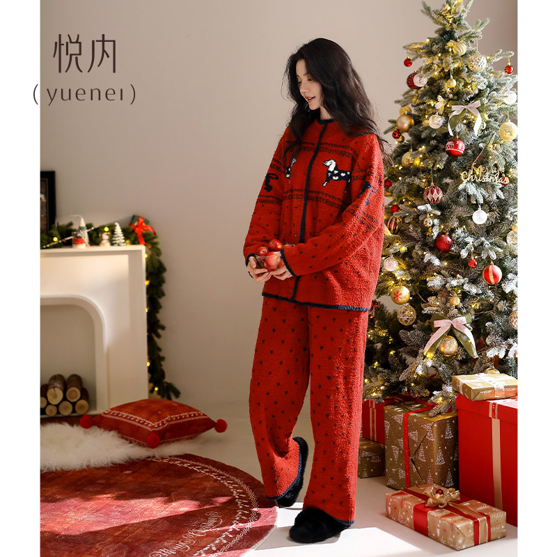 悦内半边绒睡衣女冬季加绒加厚珊瑚绒家居服红色本命年马年费尔岛