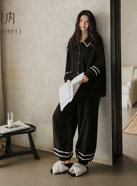 悦内睡衣女款秋冬季珊瑚绒保暖加绒加厚家居服黑色高级感法兰绒