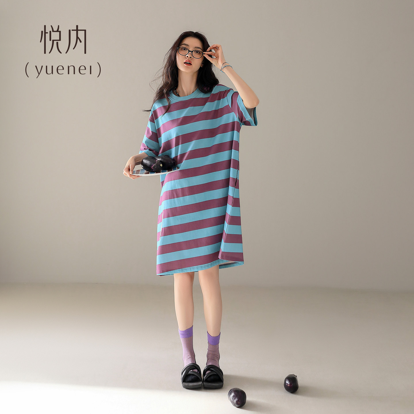 悦内带胸垫睡裙女夏季夏款纯棉短袖宽松大码休闲条纹家居服睡衣裙