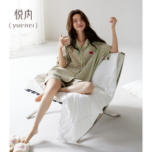 悦内睡衣女款夏季短袖短裤纯棉家居服夏款夏天条纹可出门外穿套装