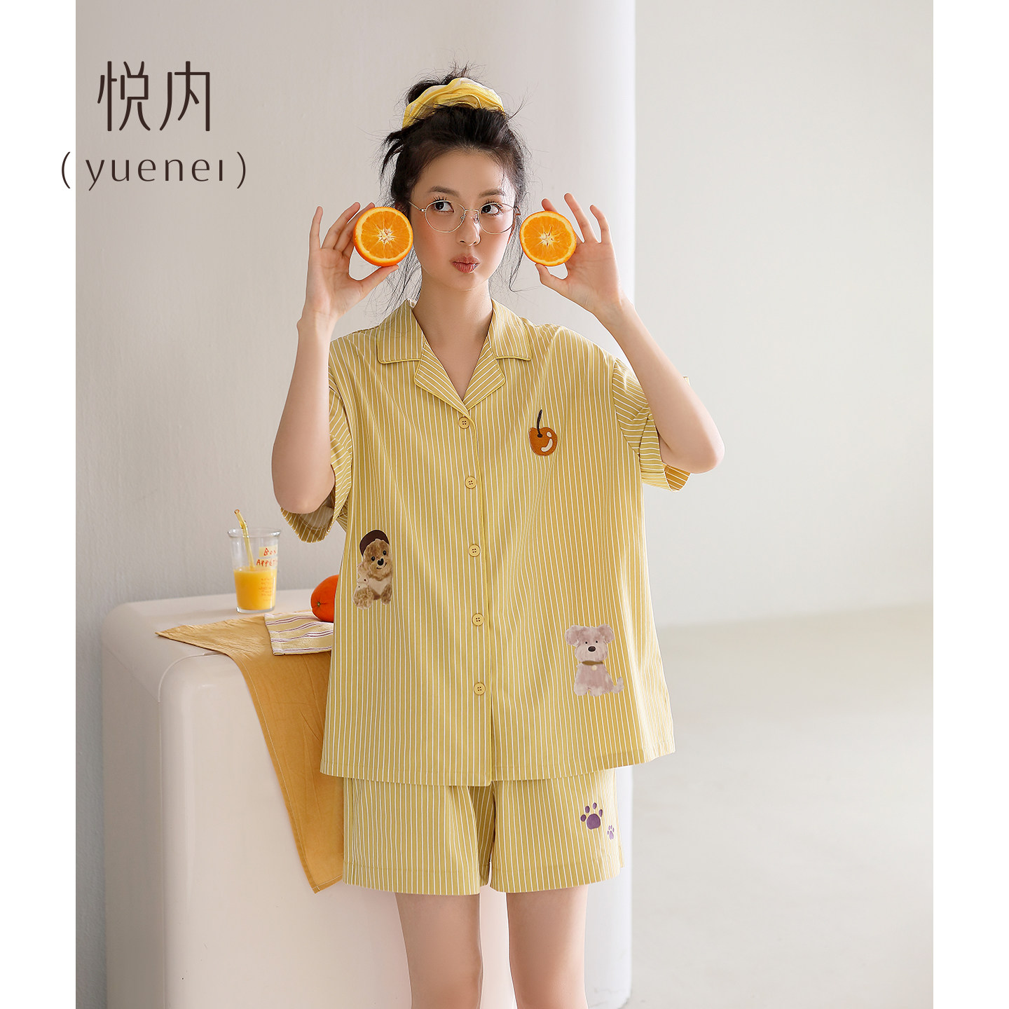 悦内睡衣女款夏季夏款纯棉短袖短裤家居服新款大码条纹卡通狗开衫