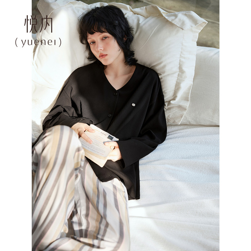 悦内睡衣女款春秋季纯棉长袖家居服秋天女士大码休闲V领开衫套装