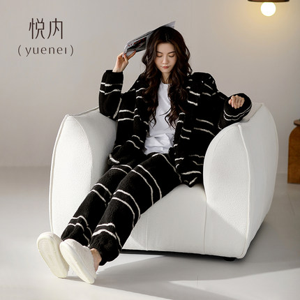 悦内睡衣女款秋冬季冬款加绒加厚珊瑚绒条纹可外穿出门连帽家居服