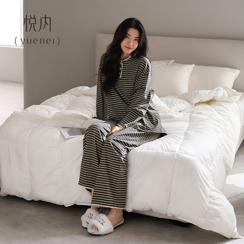 悦内带胸垫一体睡衣女款春秋季秋款长袖纯棉居服春装条纹可外穿