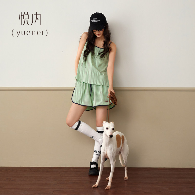 悦内带胸垫一体睡衣女士夏季纯棉吊带背心短裤家居服大码条纹套装