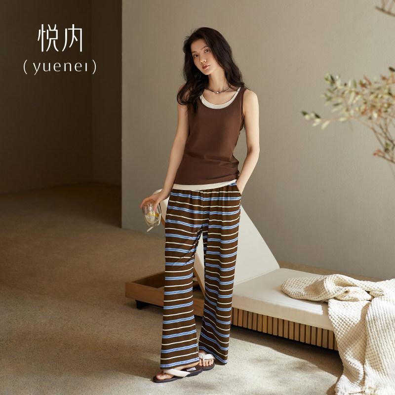 悦内带胸垫睡衣女夏季夏天纯棉吊带无袖背心长裤条纹家居服假两件