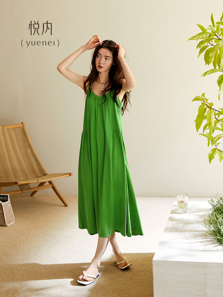 带胸垫的月内睡袍女式睡袍短裙夏季夏季莫代尔背心大尺寸长绿色