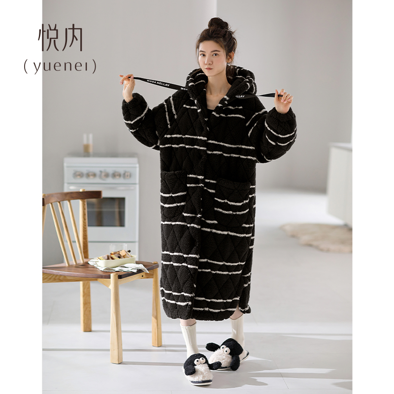 悦内睡袍女士睡衣睡裙秋冬季冬款冬天夹棉珊瑚绒加绒加厚大码长款
