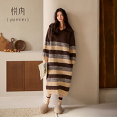 悦内半边绒睡裙女款 条纹 长款 睡衣秋冬季 加绒加厚珊瑚绒保暖加大码
