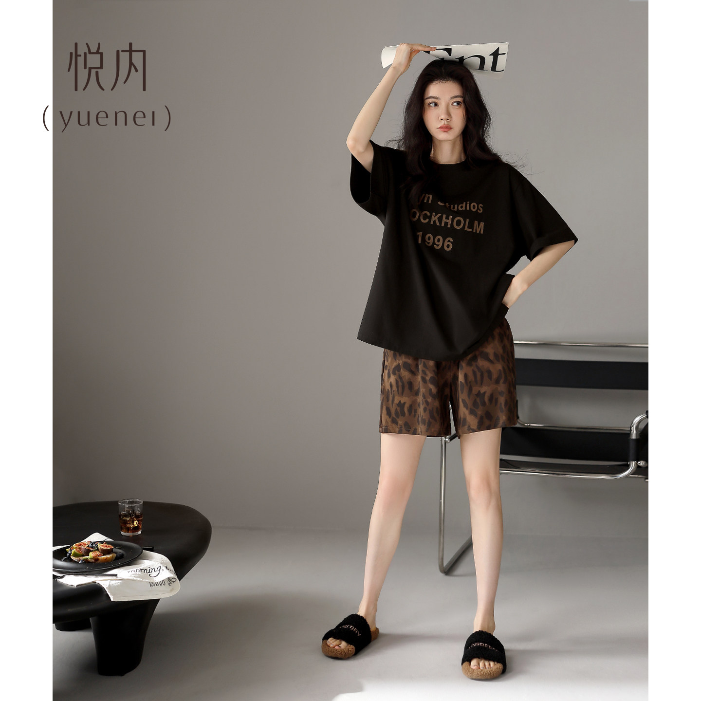 悦内带胸垫睡衣女夏季纯棉短袖短裤大码家居服黑色圆领可外穿豹纹