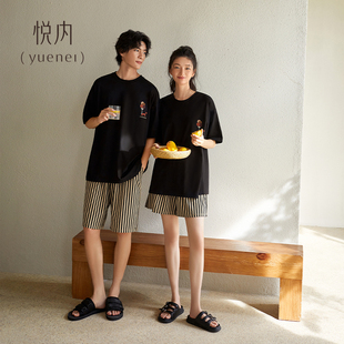 夏季 条纹大码 莫代尔棉短袖 家居服男士 短裤 悦内带胸垫情侣睡衣女款