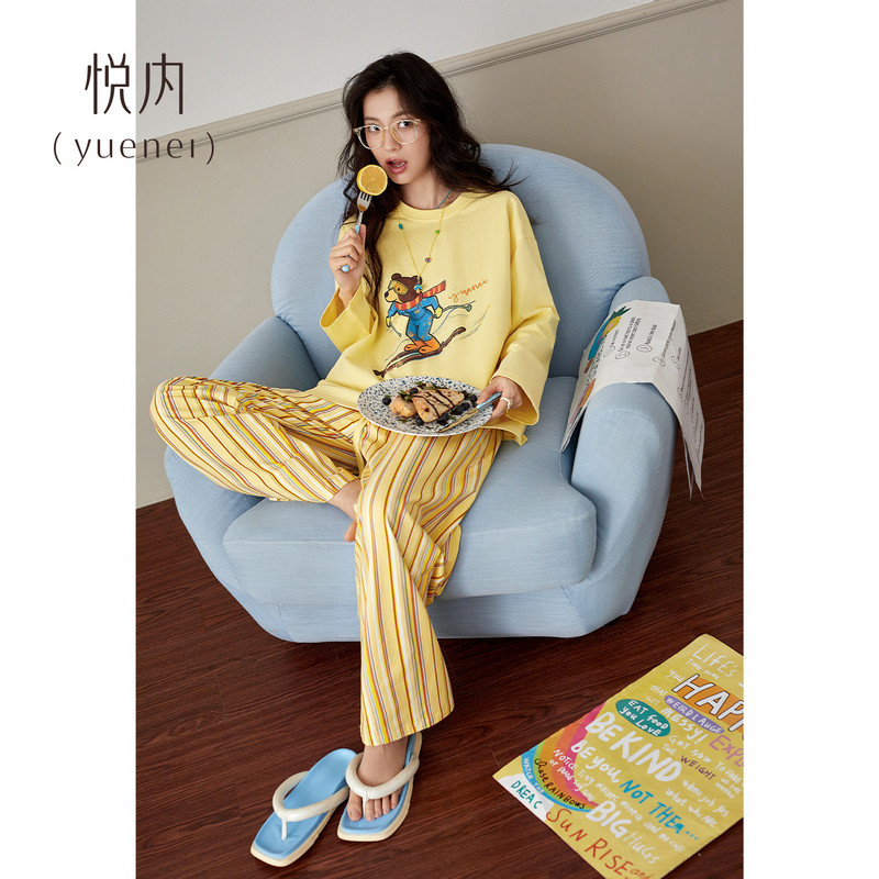 悦内睡衣女款春秋新款纯棉长袖长裤家居服女士圆领休闲卡通小熊印