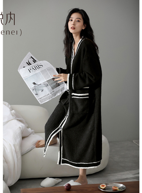 睡裙女士睡衣秋冬季冬款加厚加绒珊瑚绒法兰绒睡袍长款高级感黑色
