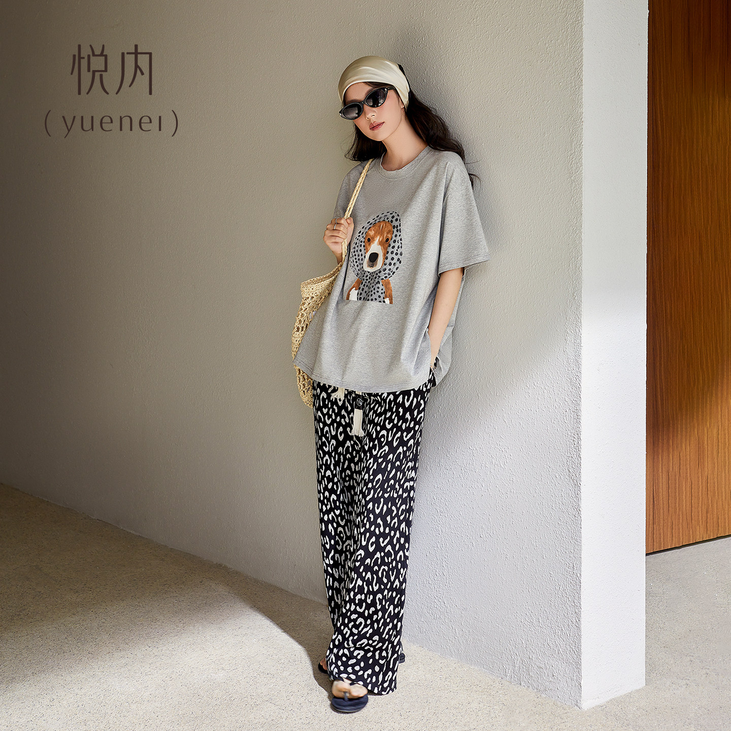 悦内带胸垫睡衣女夏季纯棉短袖长裤家居服夏天新款圆领时尚可爱狗