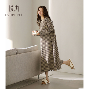 睡衣春秋季 长袖 悦内睡裙女款 秋款 休闲可外穿条纹 纯棉长款 宽松大码