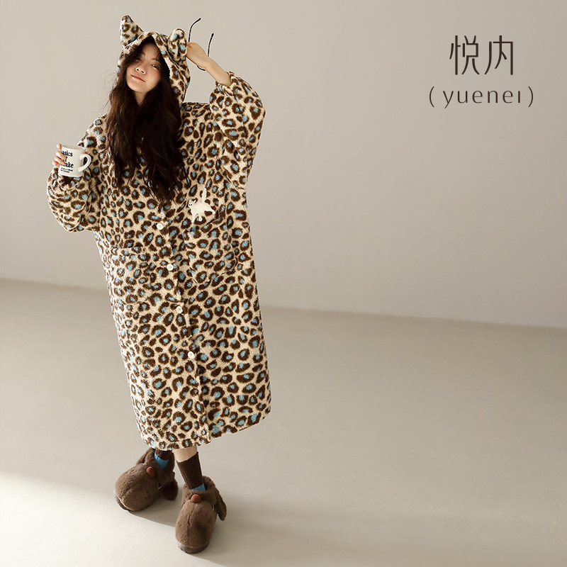 悦内睡裙女睡衣冬季法兰绒加绒加厚珊瑚绒长款大码睡袍可外穿豹纹