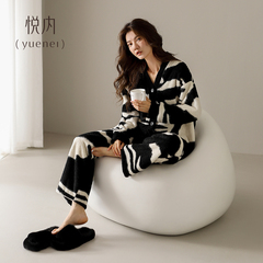 悦内半边绒睡衣女秋冬款冬季珊瑚绒加绒加厚保暖家居服黑白高级感