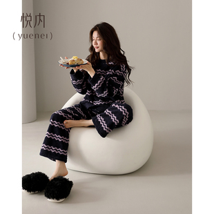 悦内半边绒睡衣女款 珊瑚绒加厚加绒圆领套头保暖家居服 秋冬季 冬款