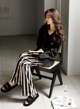 悦内睡衣女士春秋款秋季秋天长袖纯棉家居服高级感黑色可外穿出门