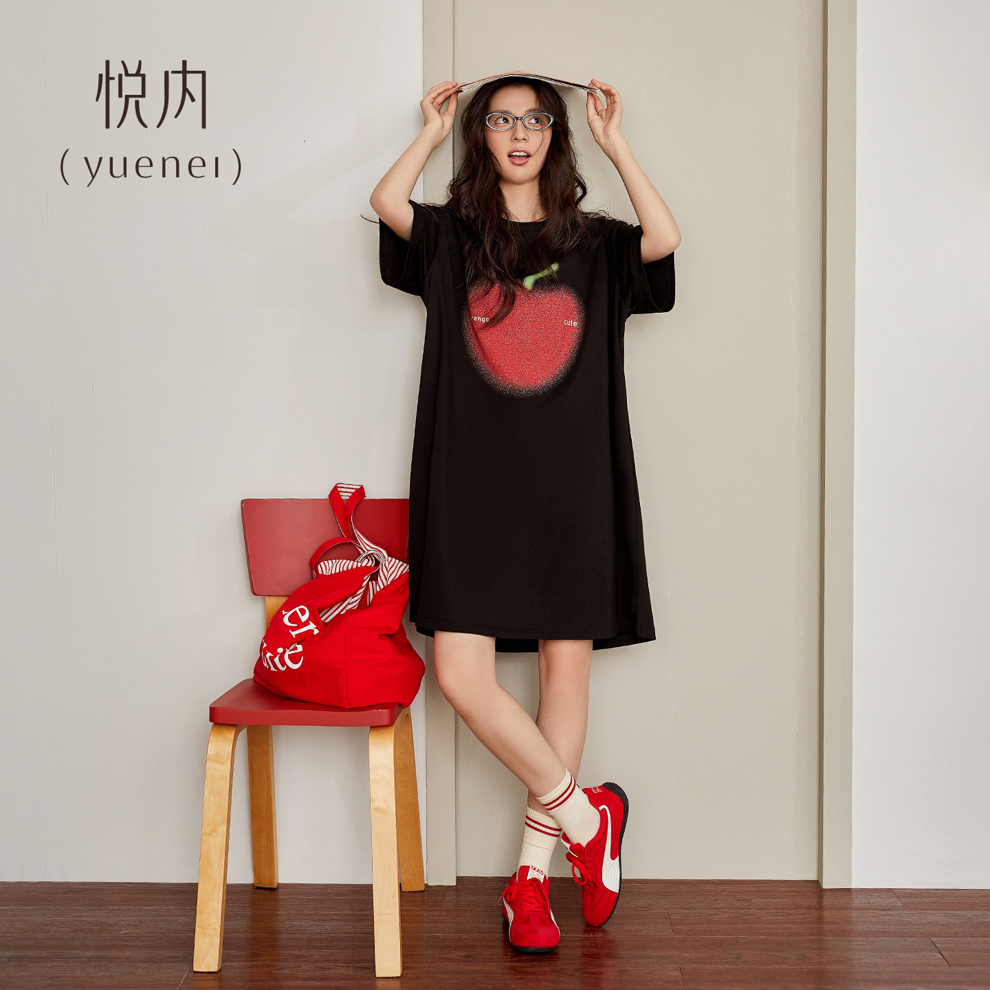 悦内带胸垫一体睡裙女睡衣夏季纯棉短袖圆领时尚中长款可外穿裙子