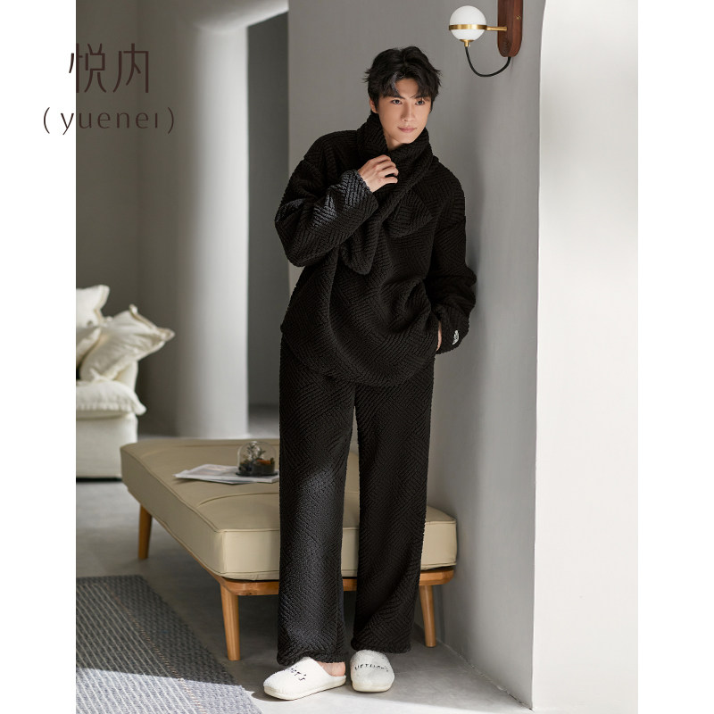 悦内睡衣男士秋冬款冬款绒加绒加厚家居服黑色圆领套头
