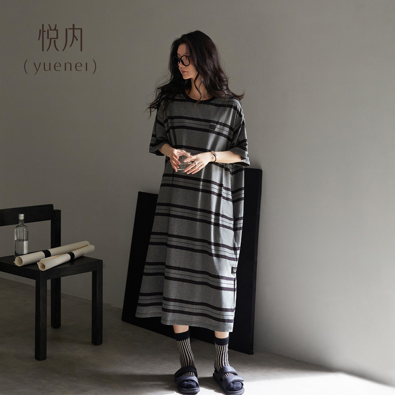 悦内睡裙女睡衣夏季夏款纯棉短袖长款宽松休闲条纹新款长裙可外穿