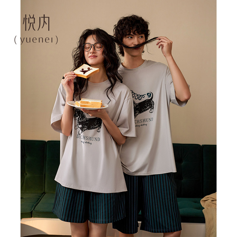 悦内情侣睡衣女士夏季纯棉短袖短裤家居服男款夏天卡通狗休闲套装