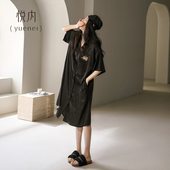 大码 悦内睡裙女睡衣夏季 休闲可外穿 开衫 薄款 夏天冰丝绸缎短袖 长款